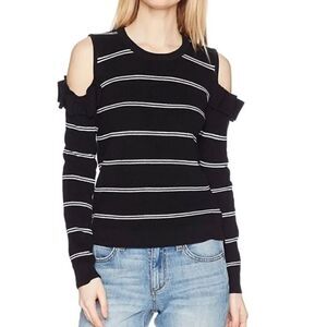 Jack by BB Dakota Black/White Striped Cozy Ruffle Cold Shoulder Sweater